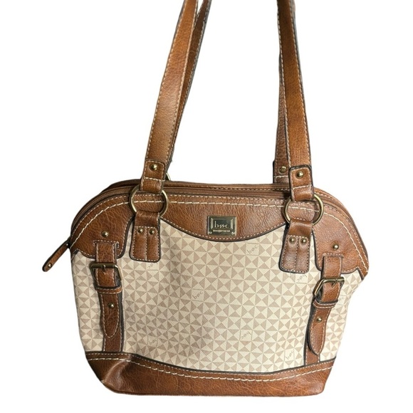 b.o.c. Tan & Brown Coated Canvas Shoulder Bag Medium Size 3 Section Handbag - Picture 10 of 16